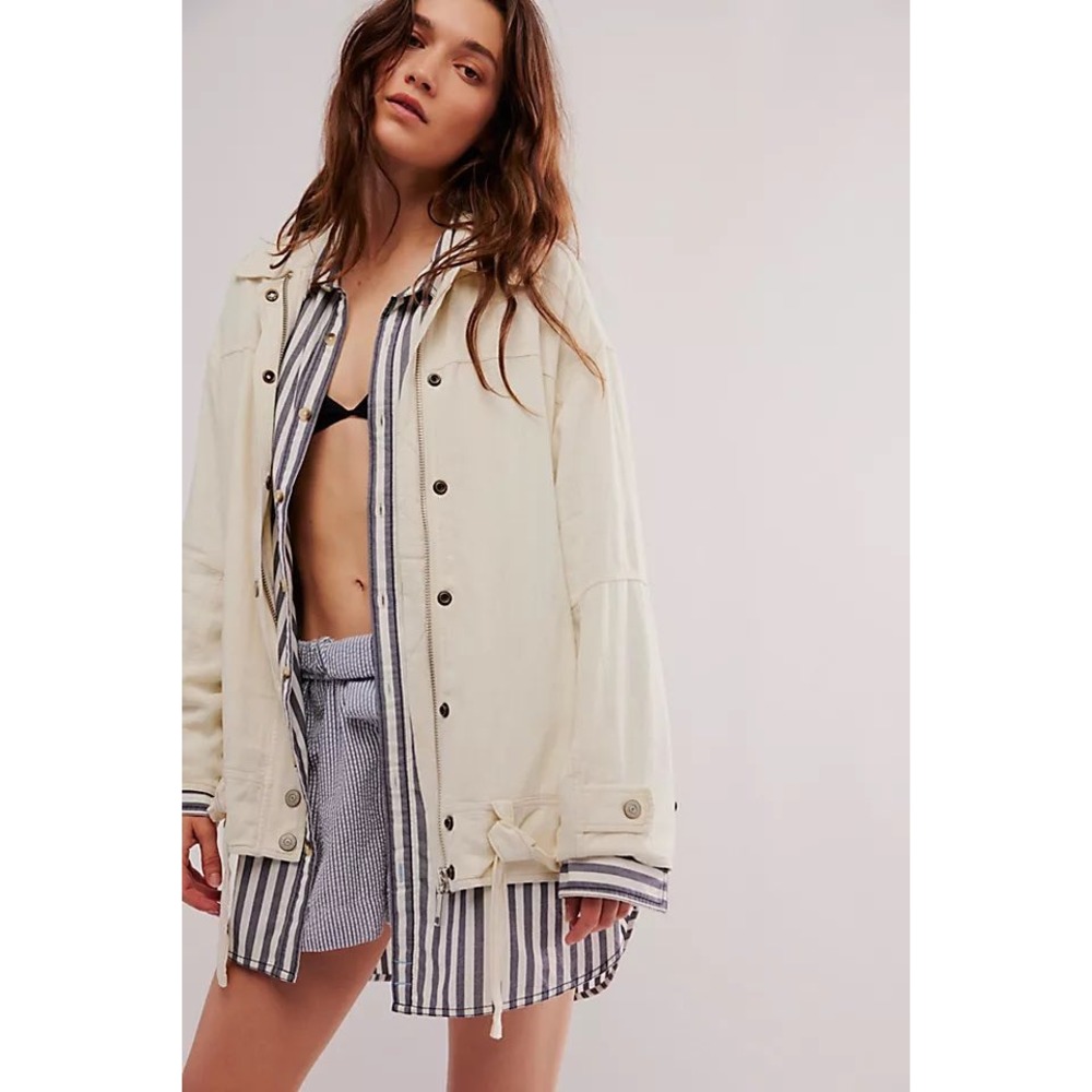 Free People Lola Linen Blend Utility Jacket Oversized Yellow Cream Medium